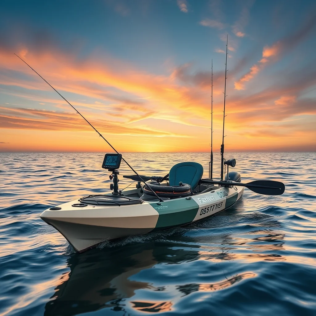 Rigged fishing kayak with pedal drive, rod holders, and fish finder on open water, product photography