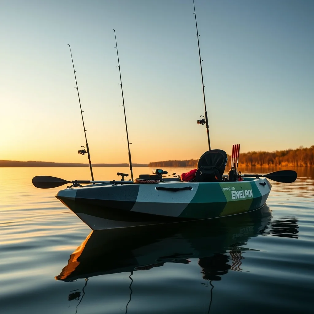 Fishing kayak rigged with rod holders and fish finder on calm lake water, product photography