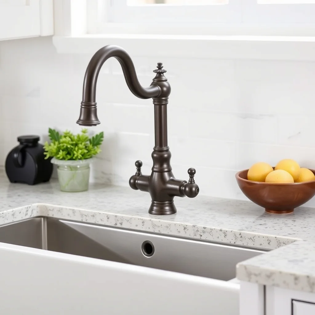 Bridge-style kitchen faucet with two handles over farmhouse sink, product photography