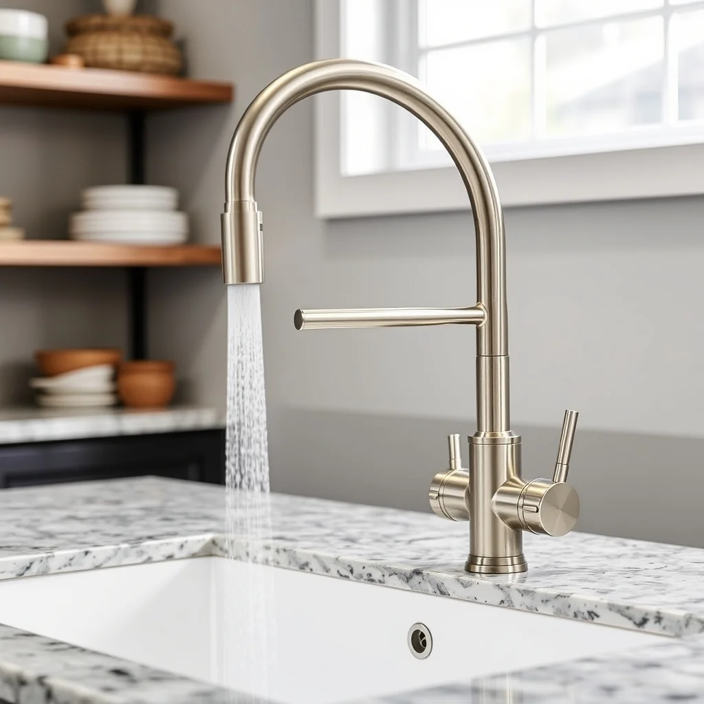 Modern pull-down kitchen faucet in brushed nickel over granite sink, product photography