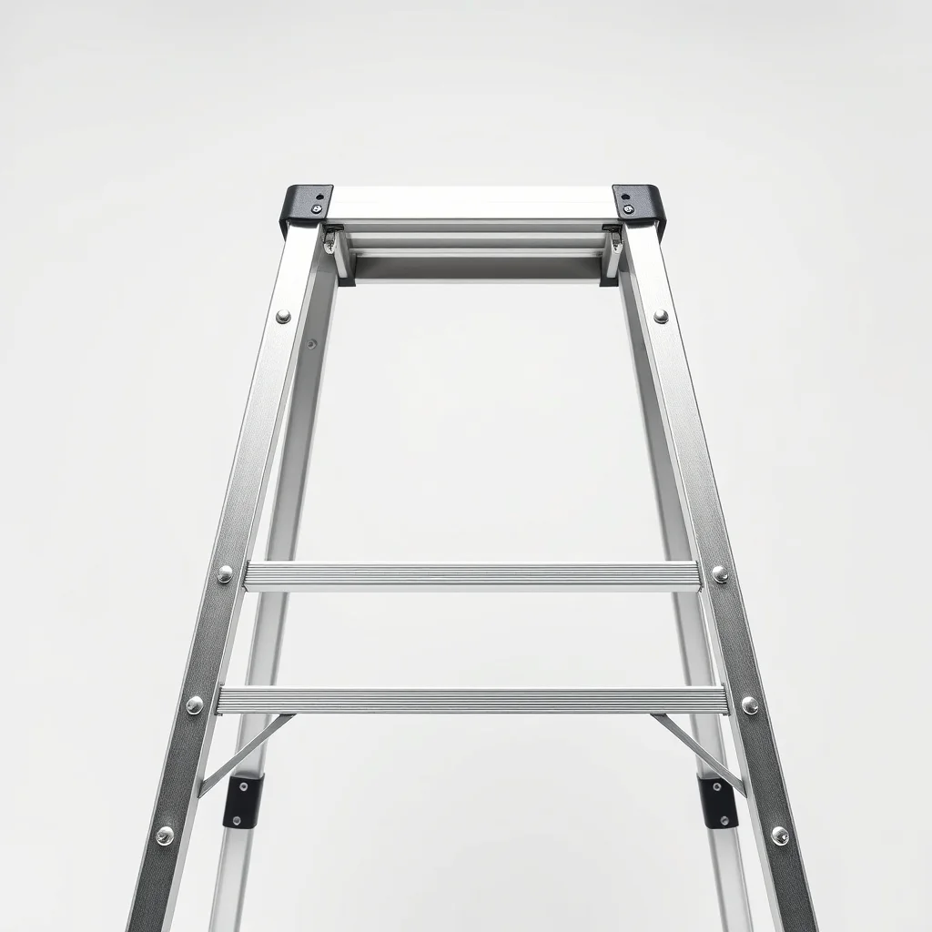 Aluminum extension ladder leaning against a house wall, product photograph