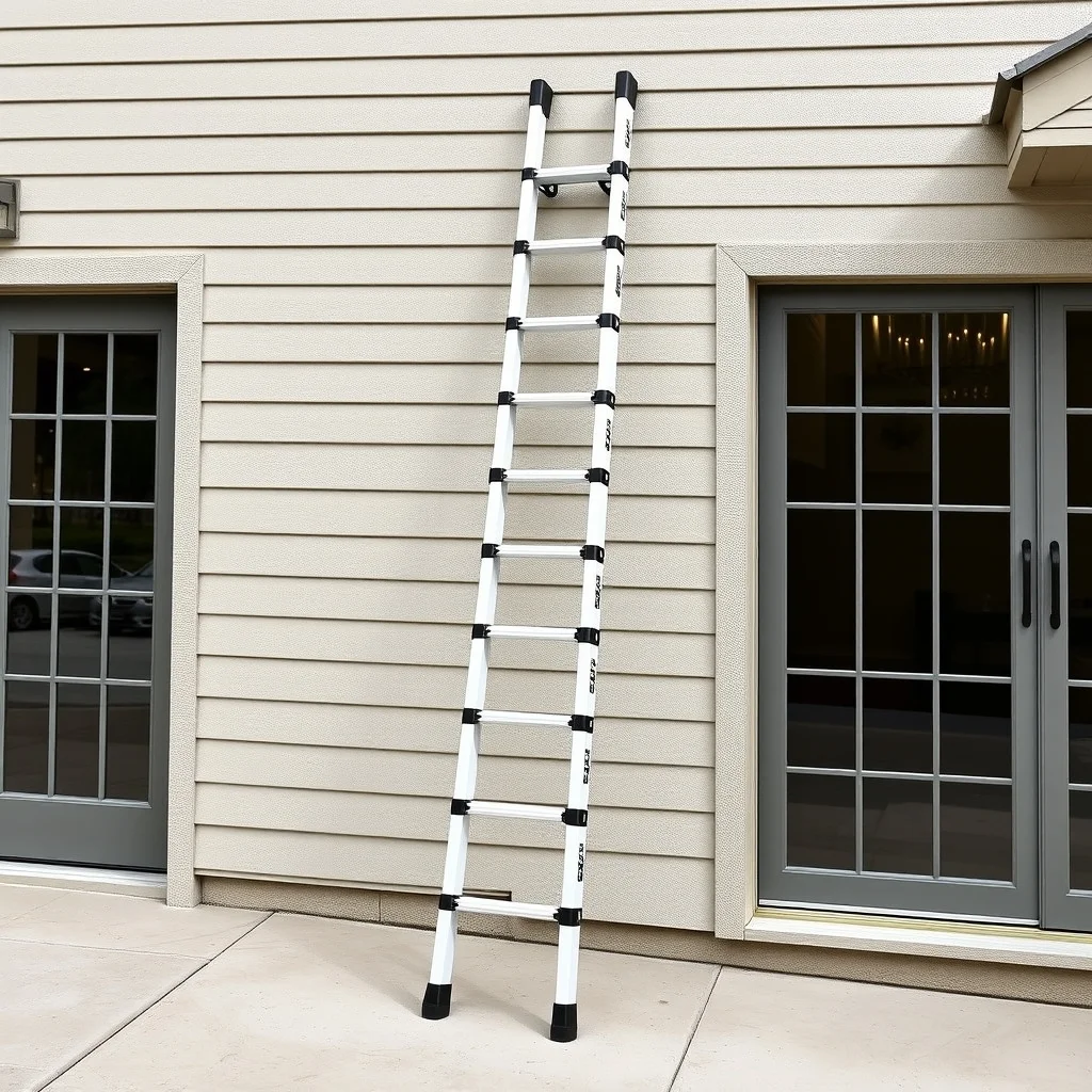 Fiberglass extension ladder leaning against building exterior, product photograph
