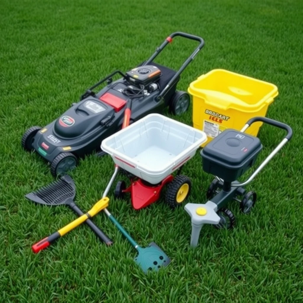 Array of lawn care tools including push mower, spreader, and aerator on grass