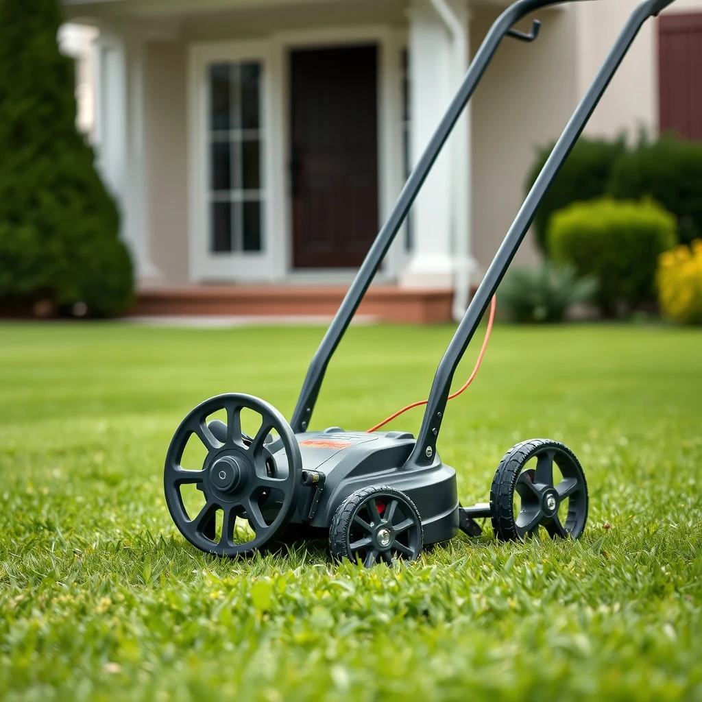 Push reel mower on a freshly cut green lawn, product photograph
