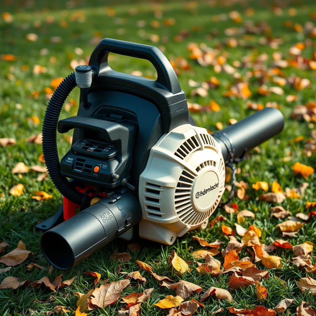 Gas backpack leaf blower on lawn with autumn leaves in background