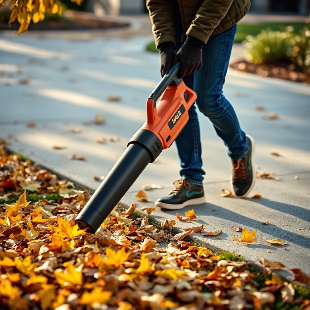 Cordless leaf blower clearing autumn leaves from a driveway, product photograph