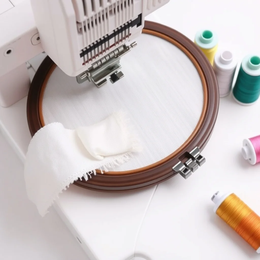 Embroidery machine product photograph with embroidery hoop attached showing colorful thread in bobbin area and control panel display