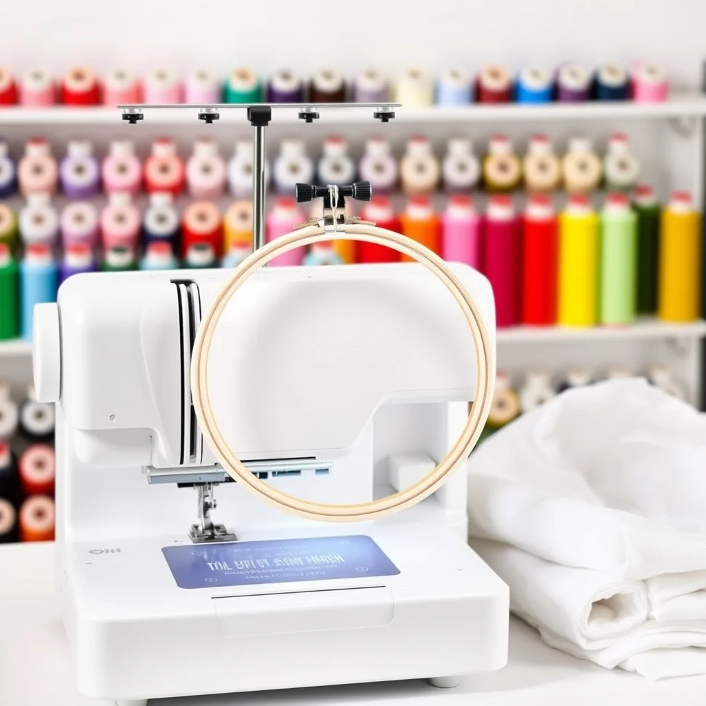 Embroidery machine product photograph showing embroidery hoop mounted on machine arm with colorful thread spools and stabilizer material