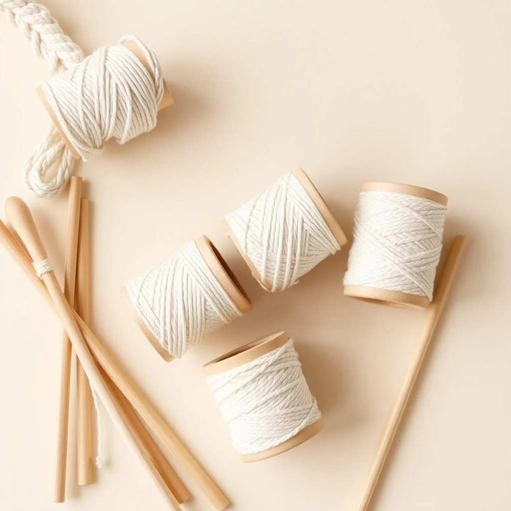 Natural cotton macrame cord spools and wooden dowels on neutral background, product photograph