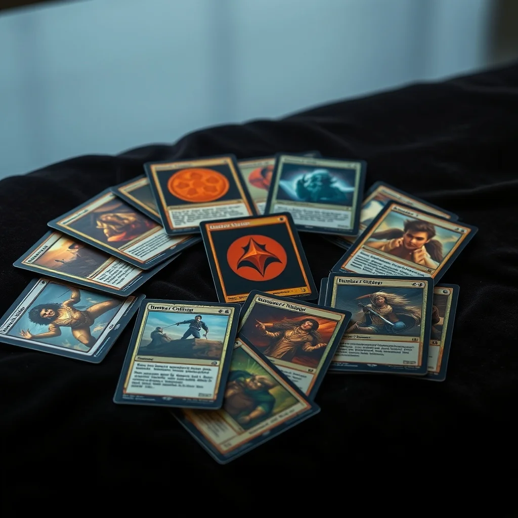 Vintage Magic: The Gathering Alpha Beta cards spread on dark velvet surface, editorial product photograph