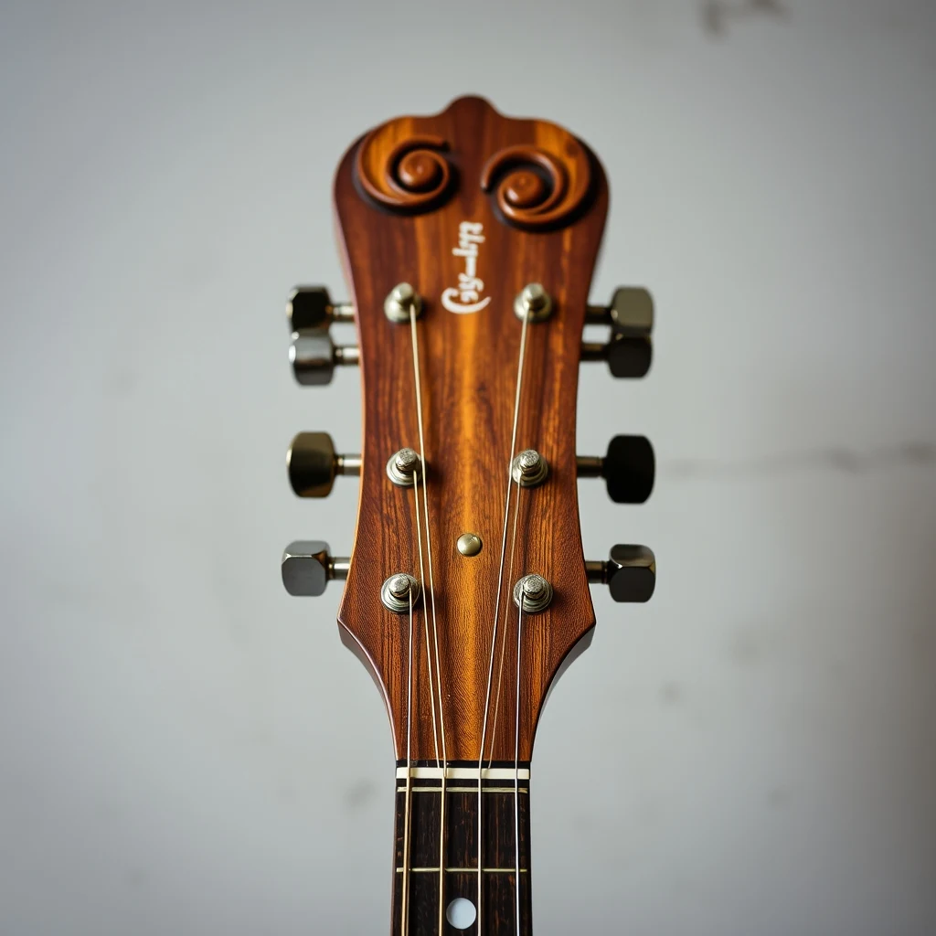 Vintage Gibson F-style mandolin scroll detail and carved spruce top close-up, product photograph