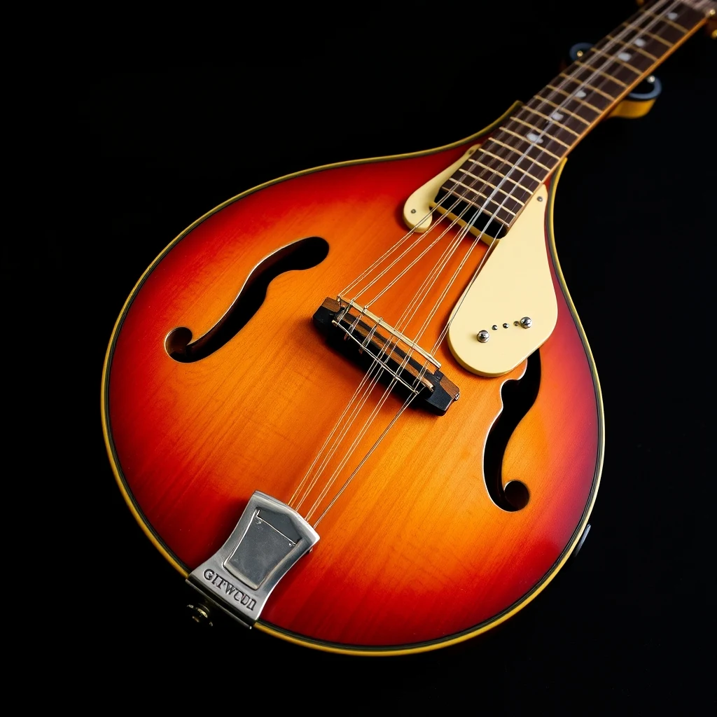 Vintage Gibson F-style mandolin with scroll and points, carved spruce top, product photograph on dark background