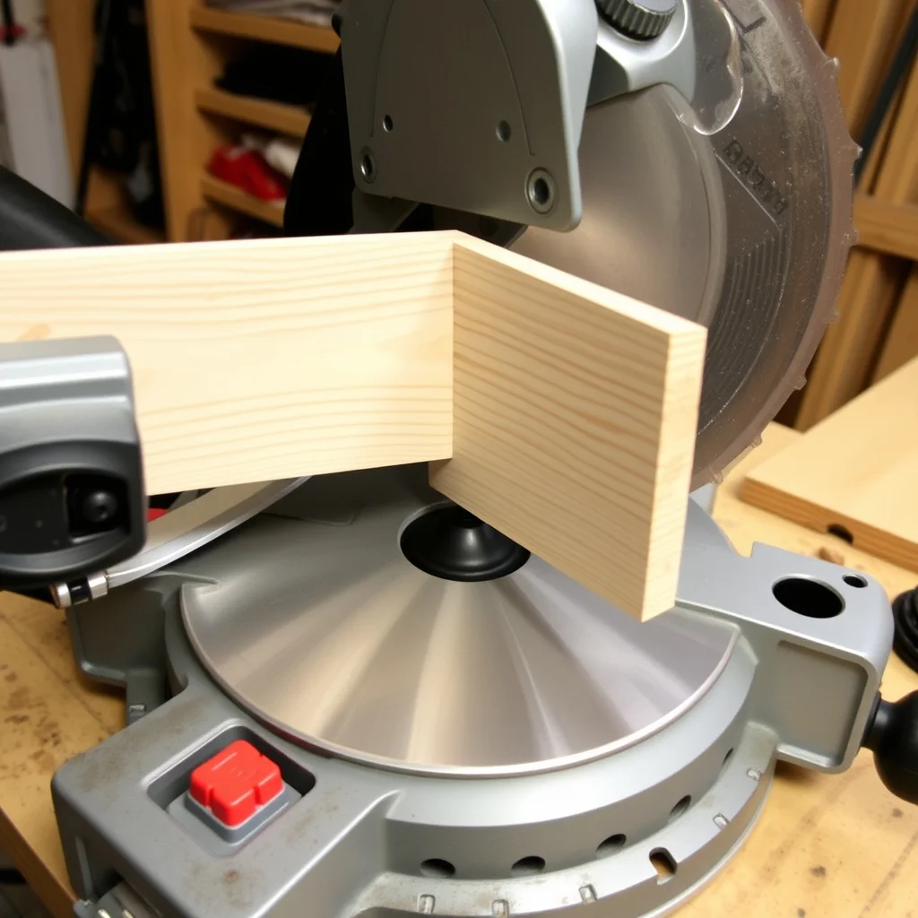 Compound sliding miter saw cutting a piece of hardwood trim, product photograph on workshop bench