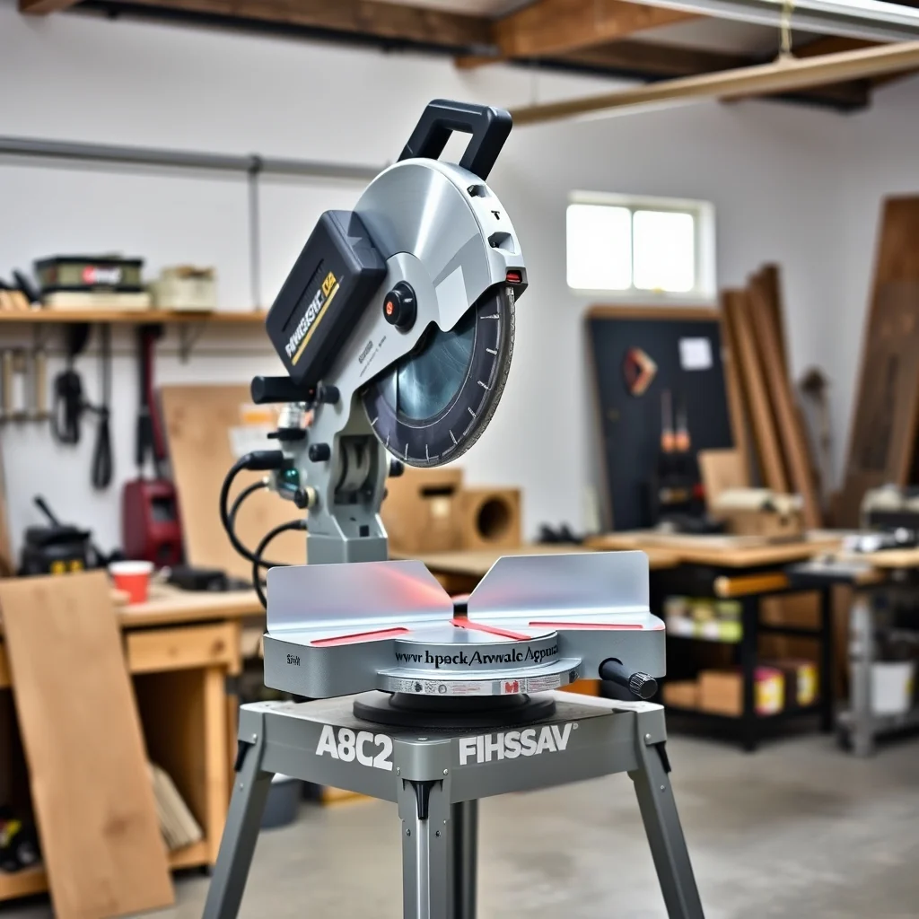 Sliding compound miter saw on a miter saw stand in a clean workshop, product photograph