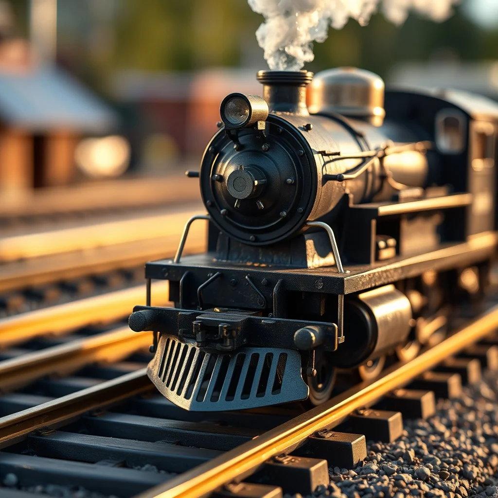 HO scale model locomotive close-up on brass track, editorial product photograph