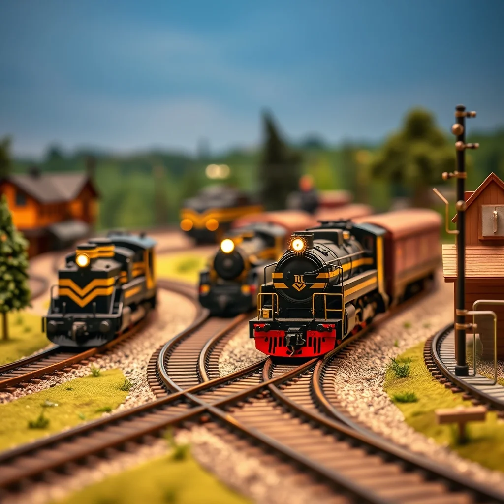 HO scale model locomotives on layout track, editorial product photograph