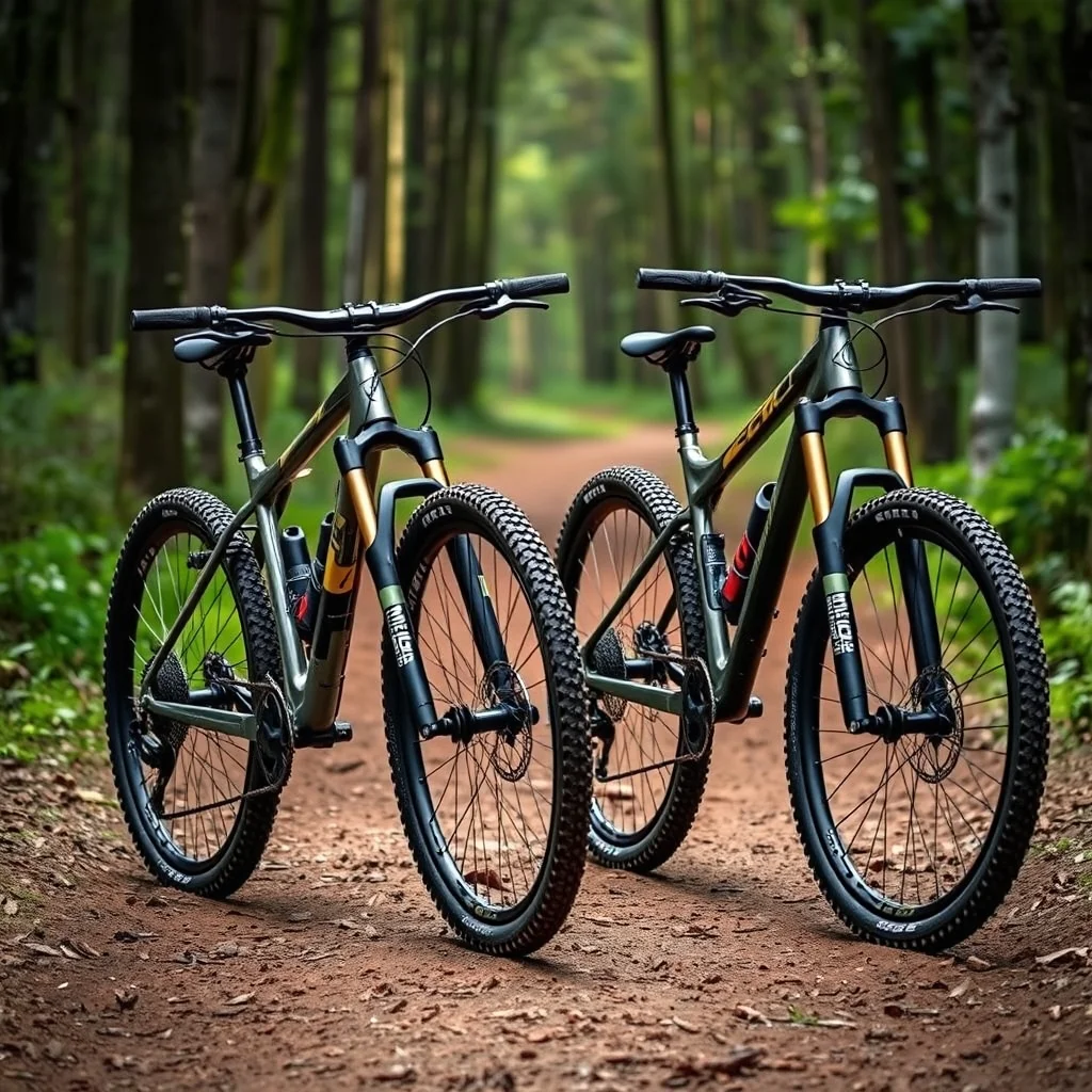 Hardtail and full suspension mountain bikes side by side on dirt trail, 29-inch wheels, product photograph