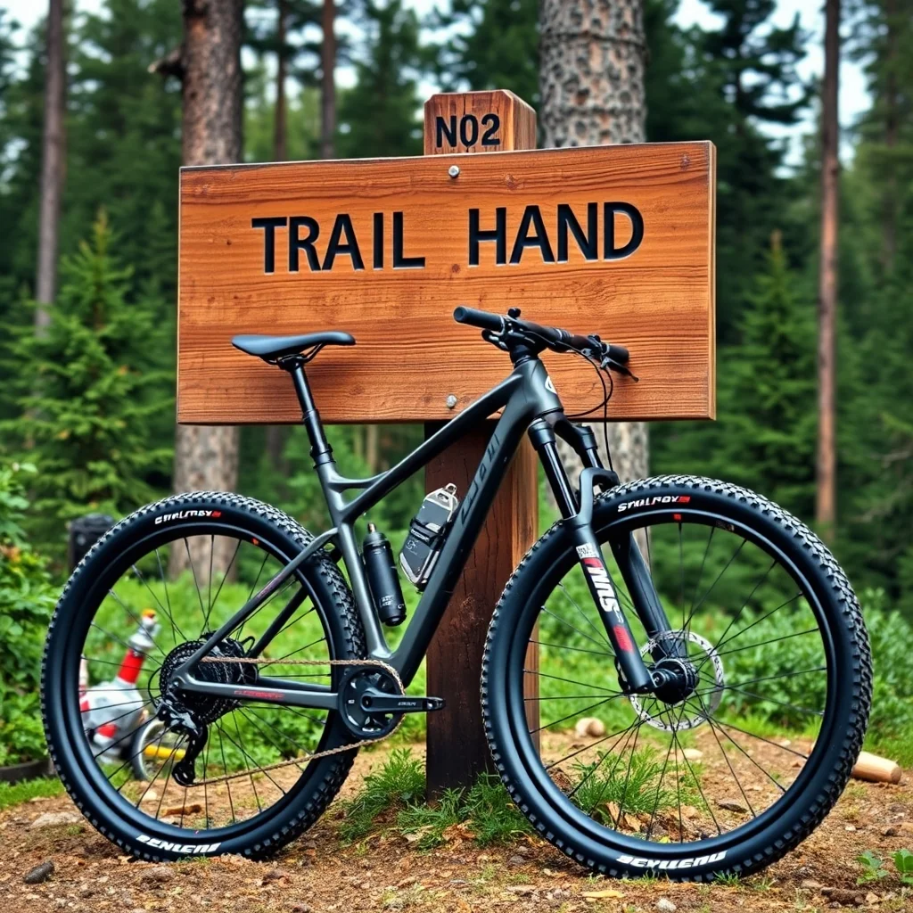 Full suspension mountain bike with 29-inch wheels leaning against trailhead sign in conifer forest, product photograph
