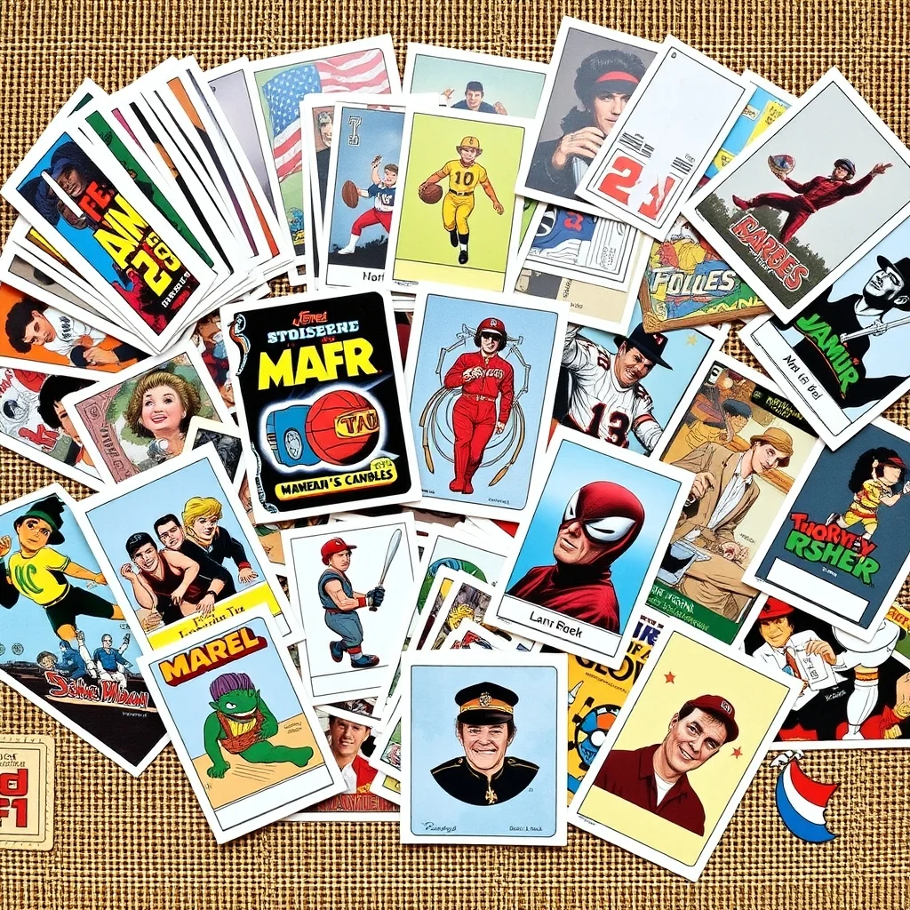 Flat lay of Garbage Pail Kids original series cards and Wacky Packages stickers on collector mat