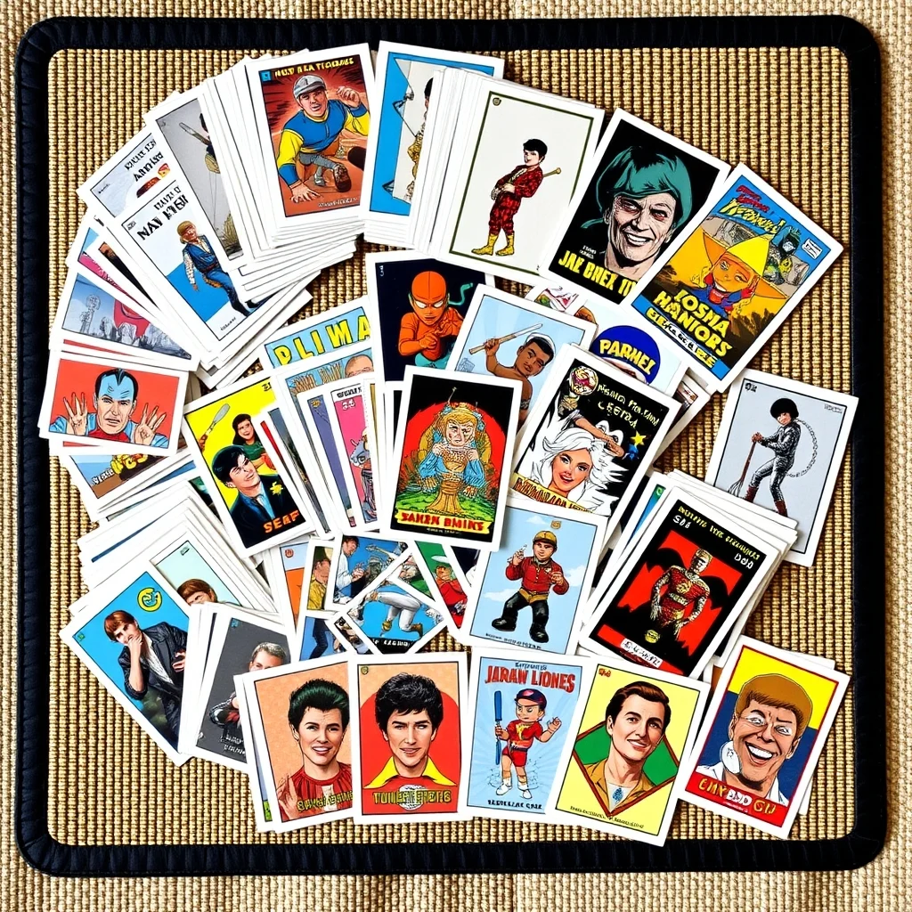 Non-sport trading card collection including Garbage Pail Kids and vintage movie cards spread on table, product photograph