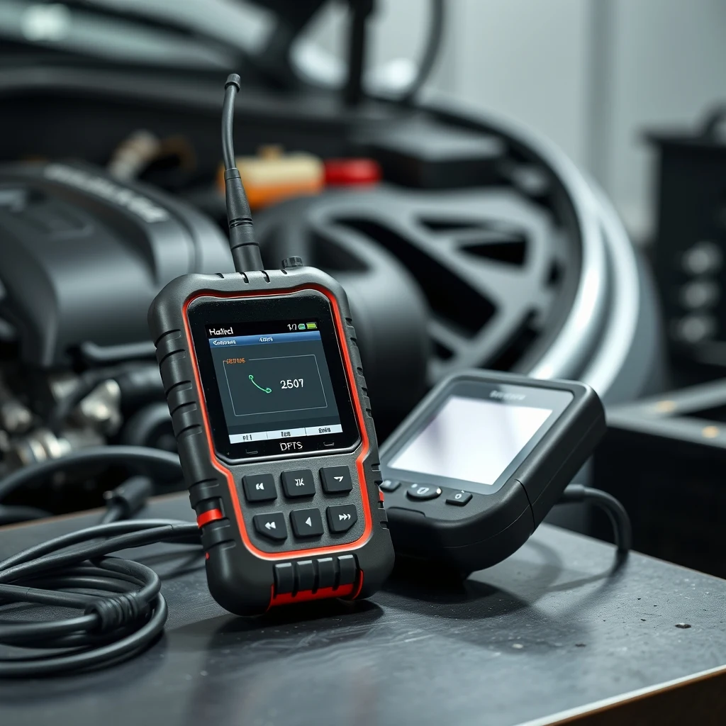 OBD2 scanner displaying diagnostic codes on screen, product photograph