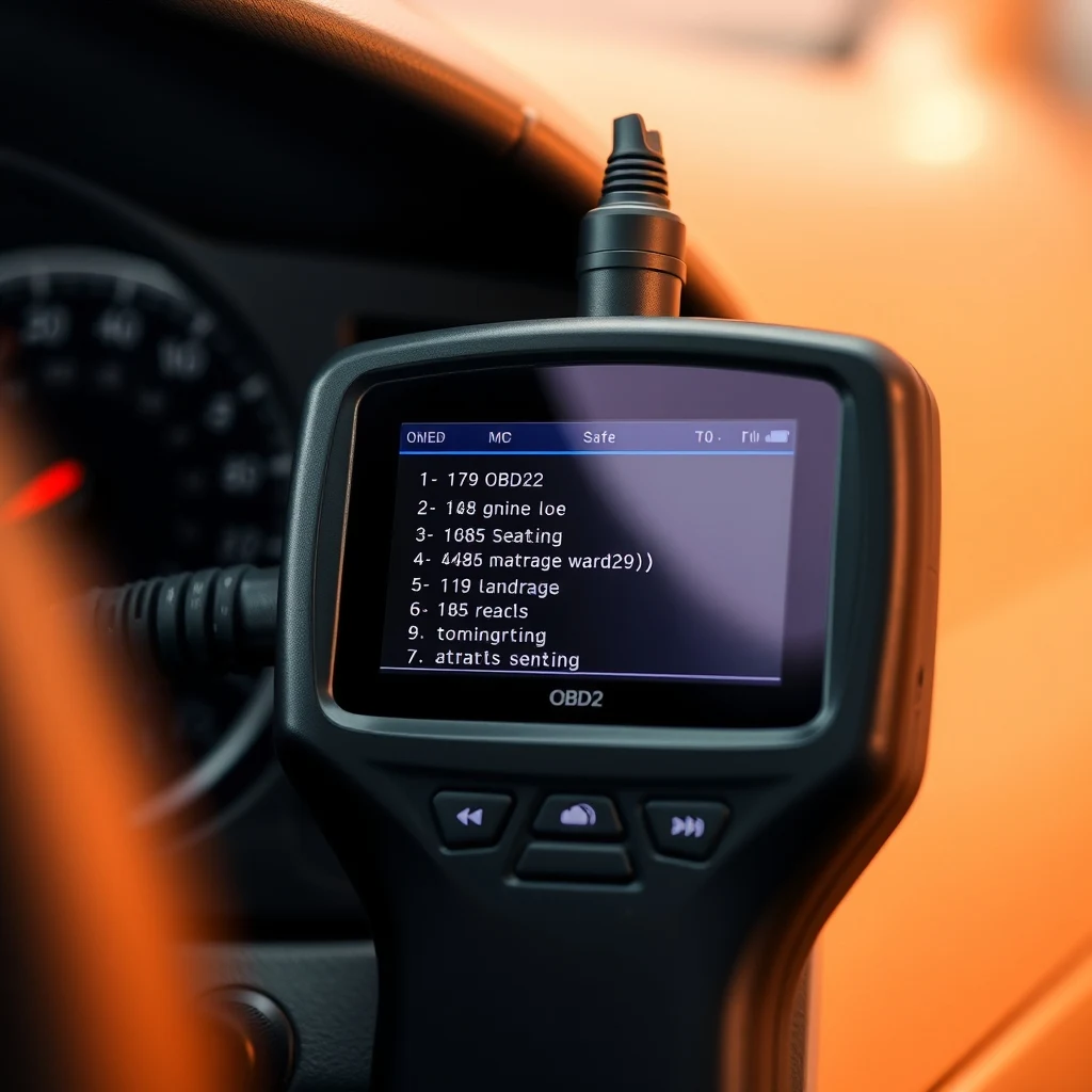 OBD2 diagnostic scanner connected to vehicle port, product photograph