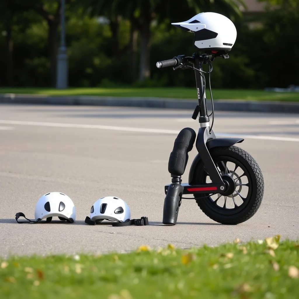 Electric unicycle with protective gear including helmet and knee pads arranged on pavement, editorial product photograph
