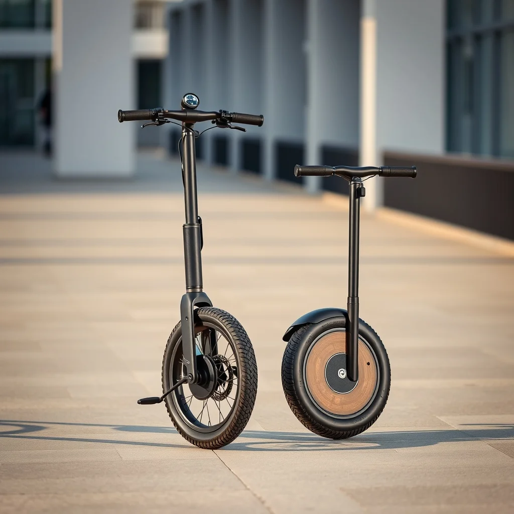 Electric unicycle and onewheel board side by side on urban pavement, editorial product photograph