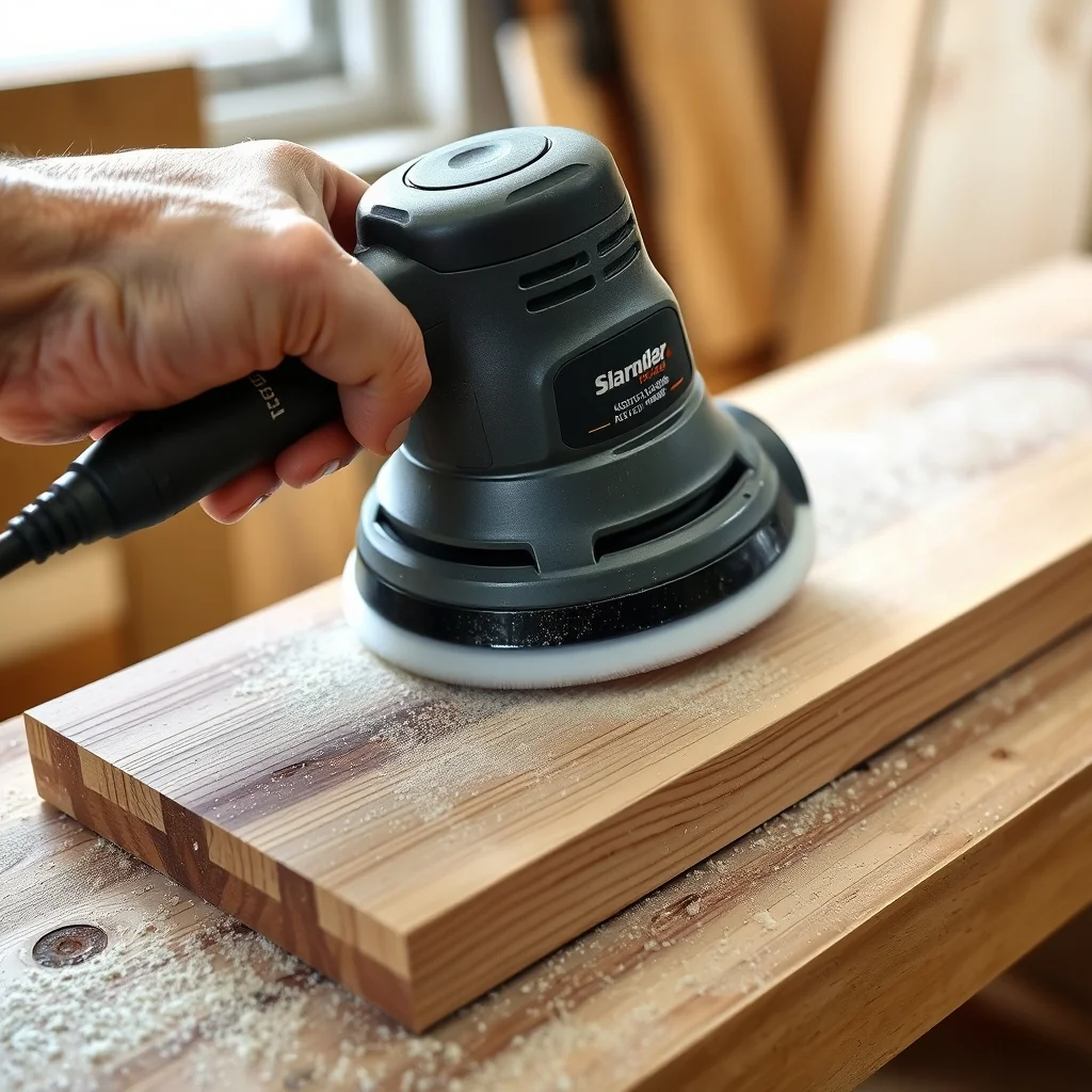 Random orbital sander with 5-inch sanding disc being held over a hardwood panel on a workbench