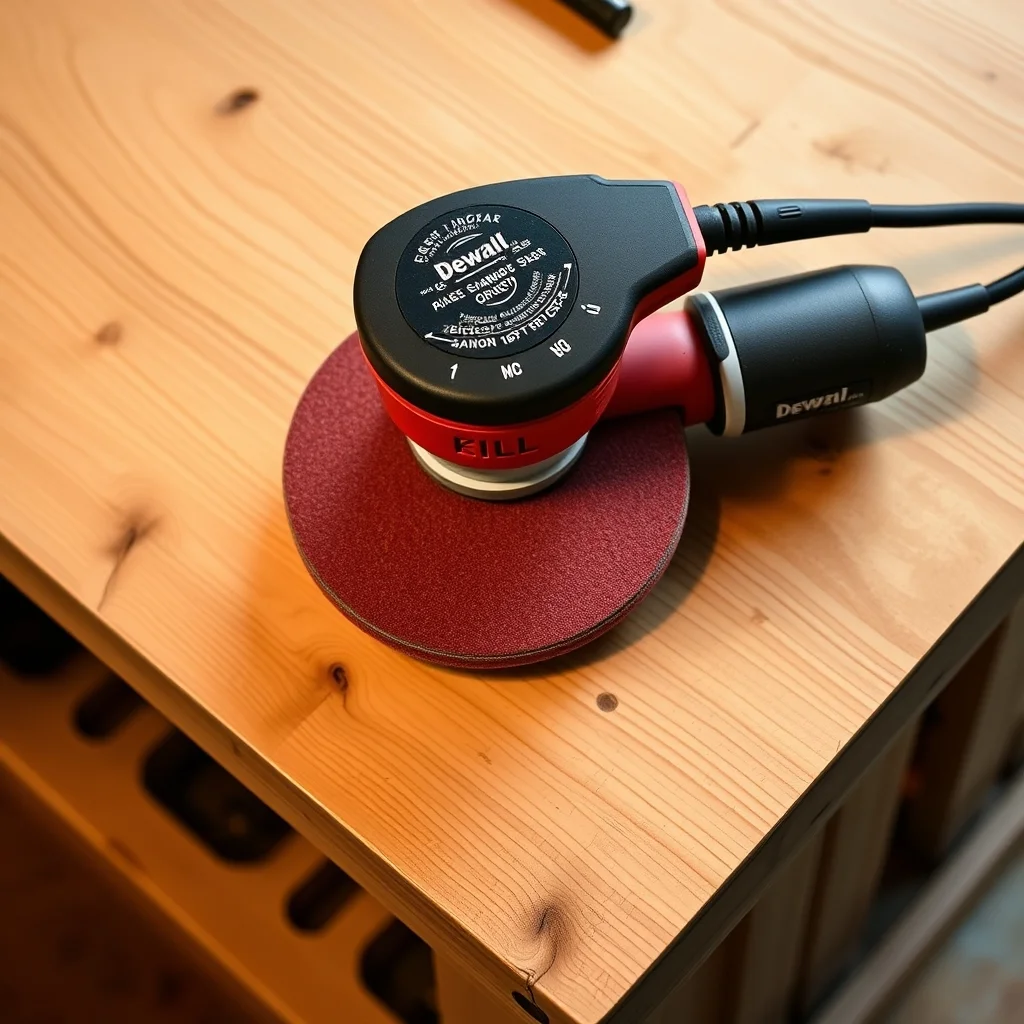 Random orbital sander with sanding disc on a clean wooden workbench, product photograph