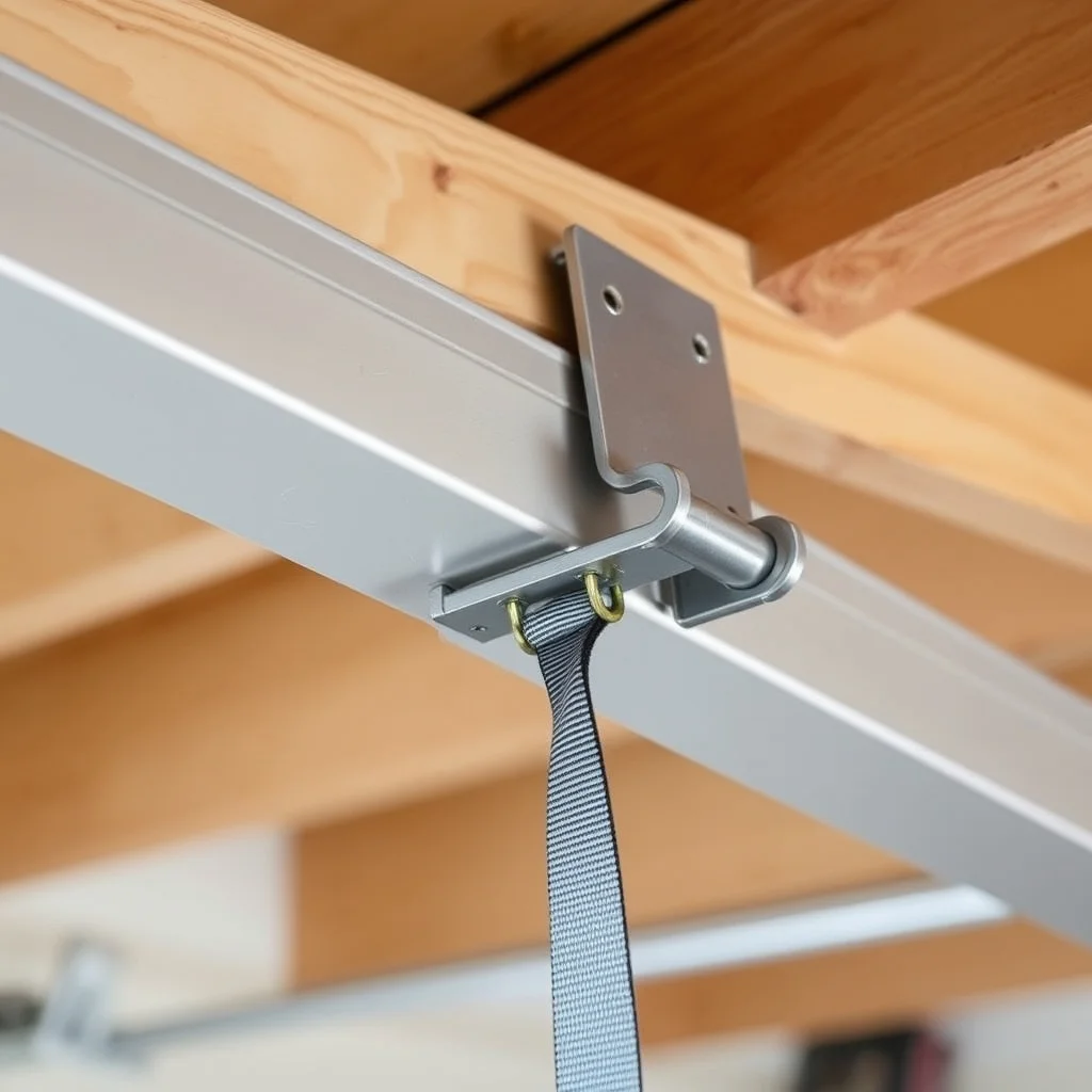 Close-up of ceiling storage rack mounting hardware and joist bracket, garage ceiling installation detail
