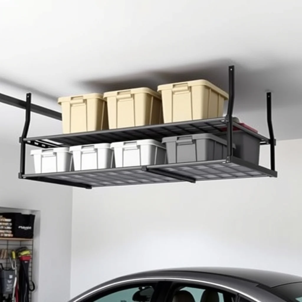 Overhead ceiling mounted garage storage rack with bins stored above a car, clean modern garage