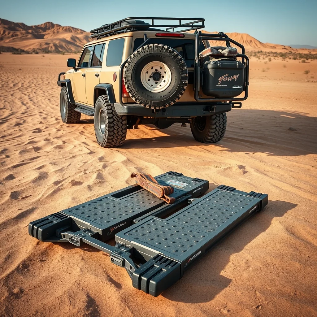 Overlanding vehicle with rooftop tent, awning, and recovery gear on a rocky trail, editorial product photograph