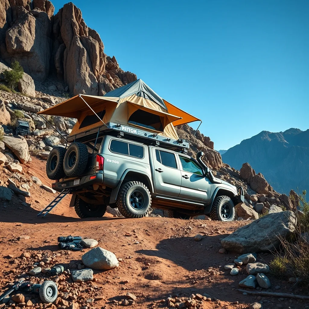 4x4 truck fitted with rooftop tent and awning on a dirt mountain road, editorial product photograph