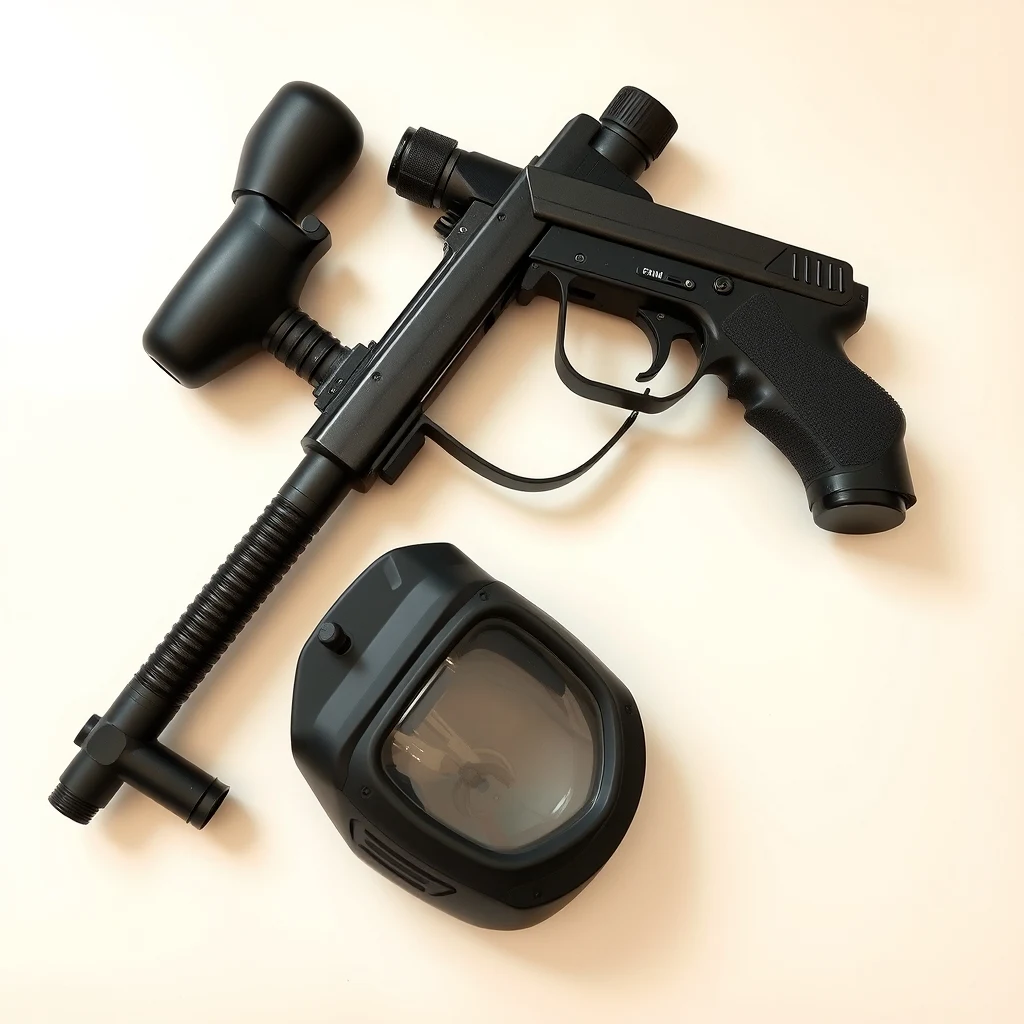 Electronic paintball marker with force-feed loader and carbon fiber HPA tank, product photograph on white background