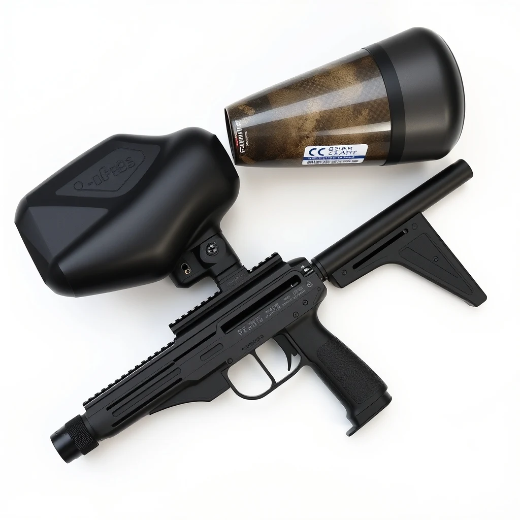 Electronic paintball marker with loader and HPA tank, product photography on white background
