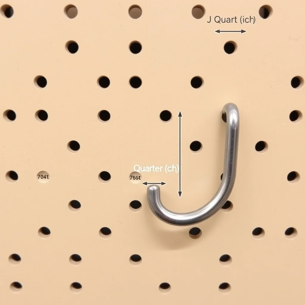 Close-up of pegboard hole pattern and metal hook showing 1/4-inch standard spacing, workshop organization