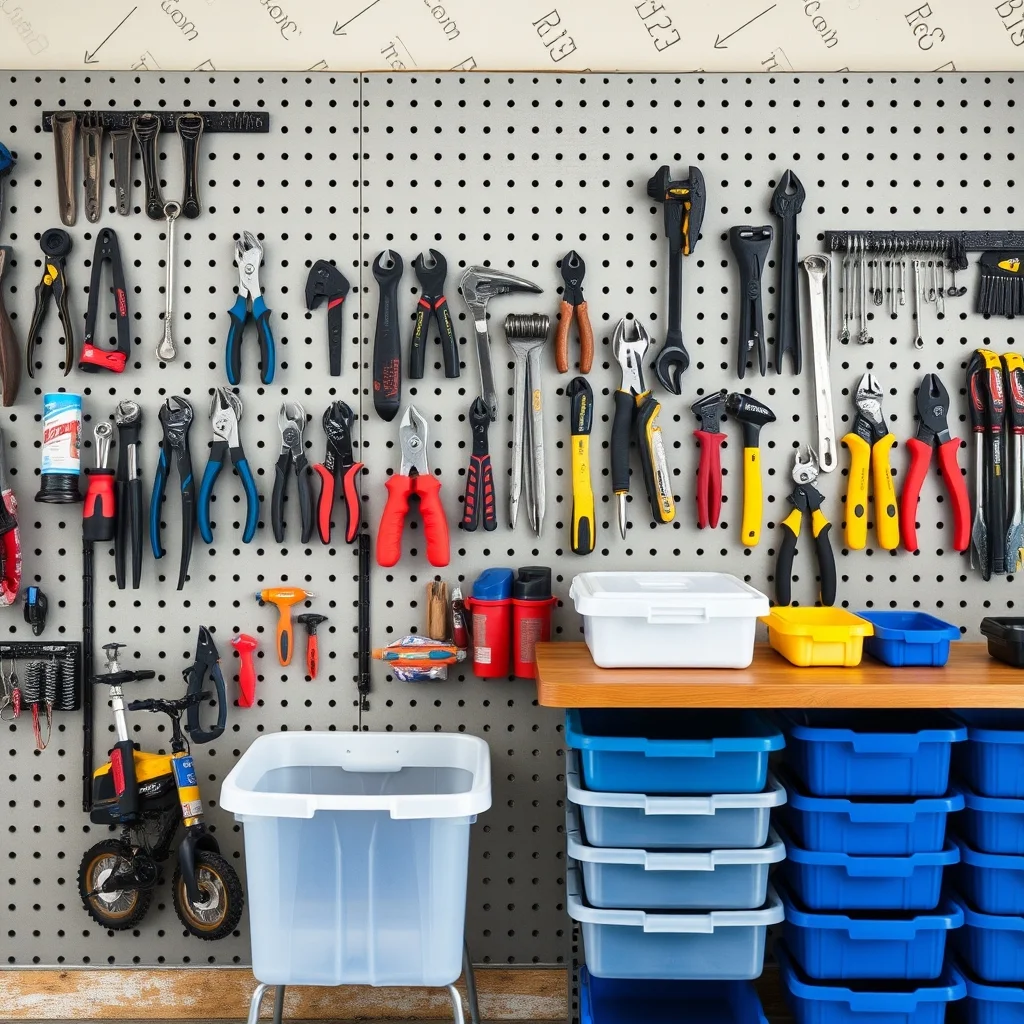 Metal pegboard on garage wall covered with organized hand tools, hooks and bins, clean workshop