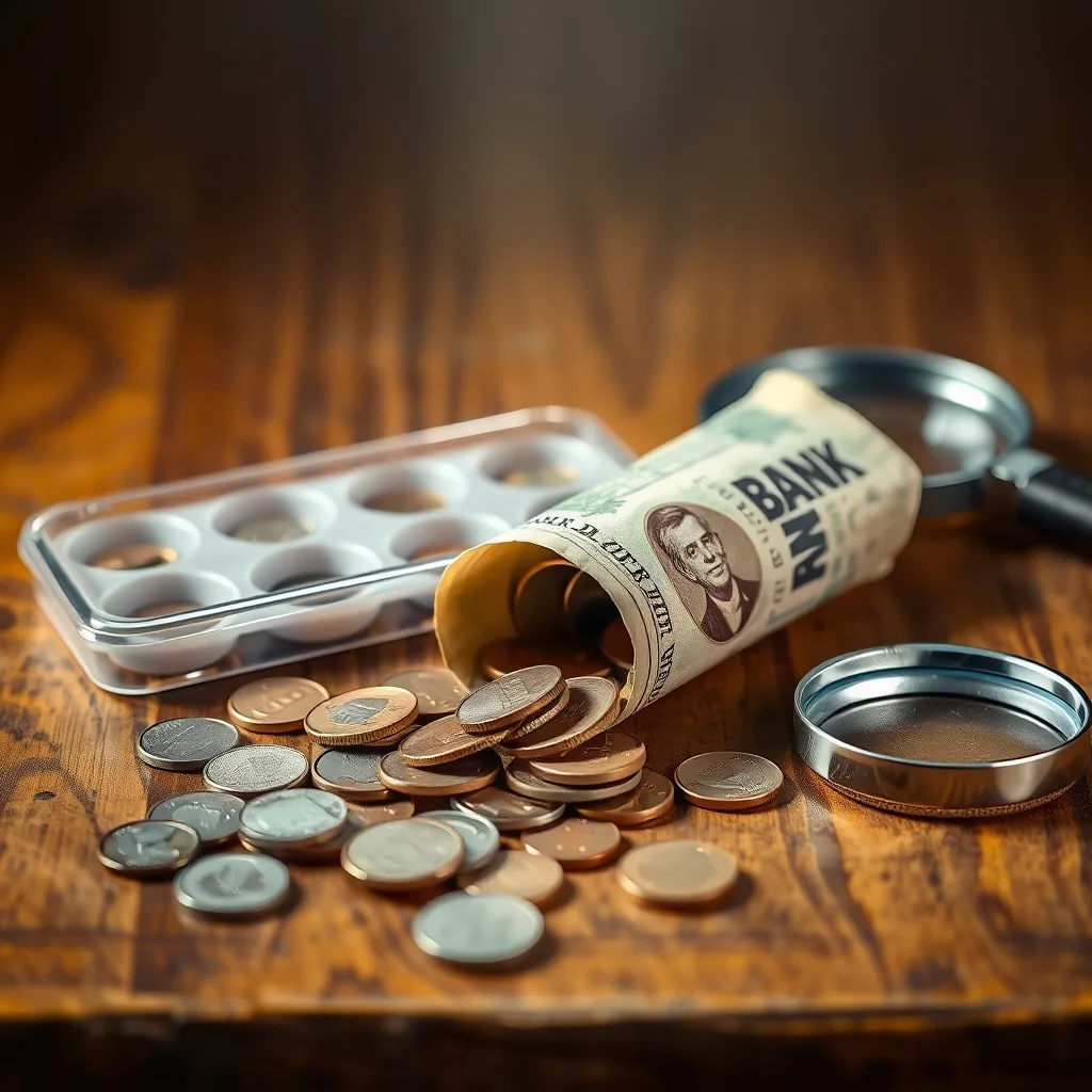 Opened bank penny roll with coins spilled on wooden surface and magnifying loupe beside them