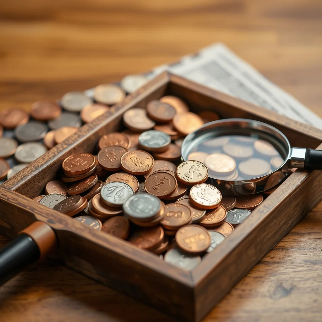 Rolled bank pennies on wooden coin-collector tray with magnifying glass