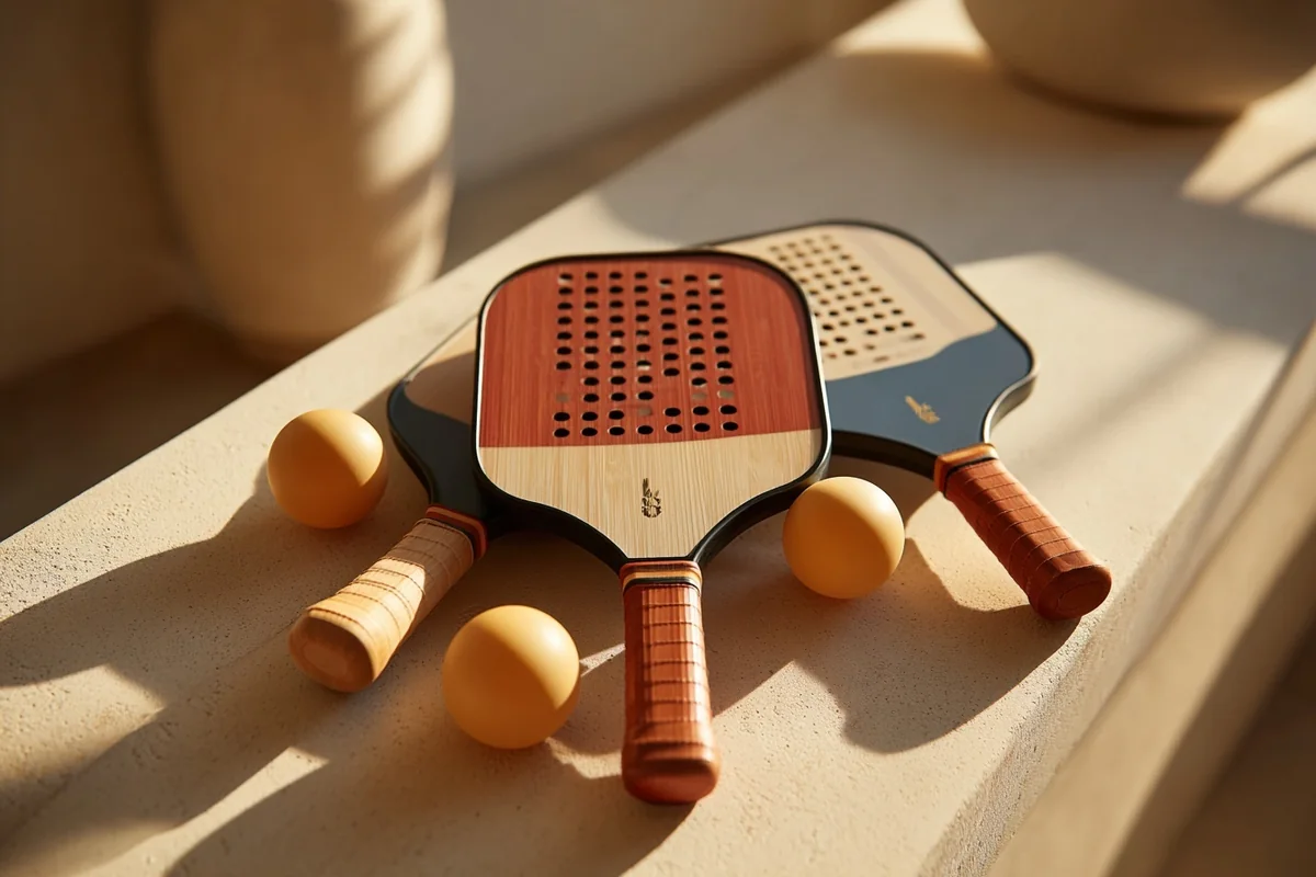 Pickleball paddles and balls arranged in a warm editorial still-life
