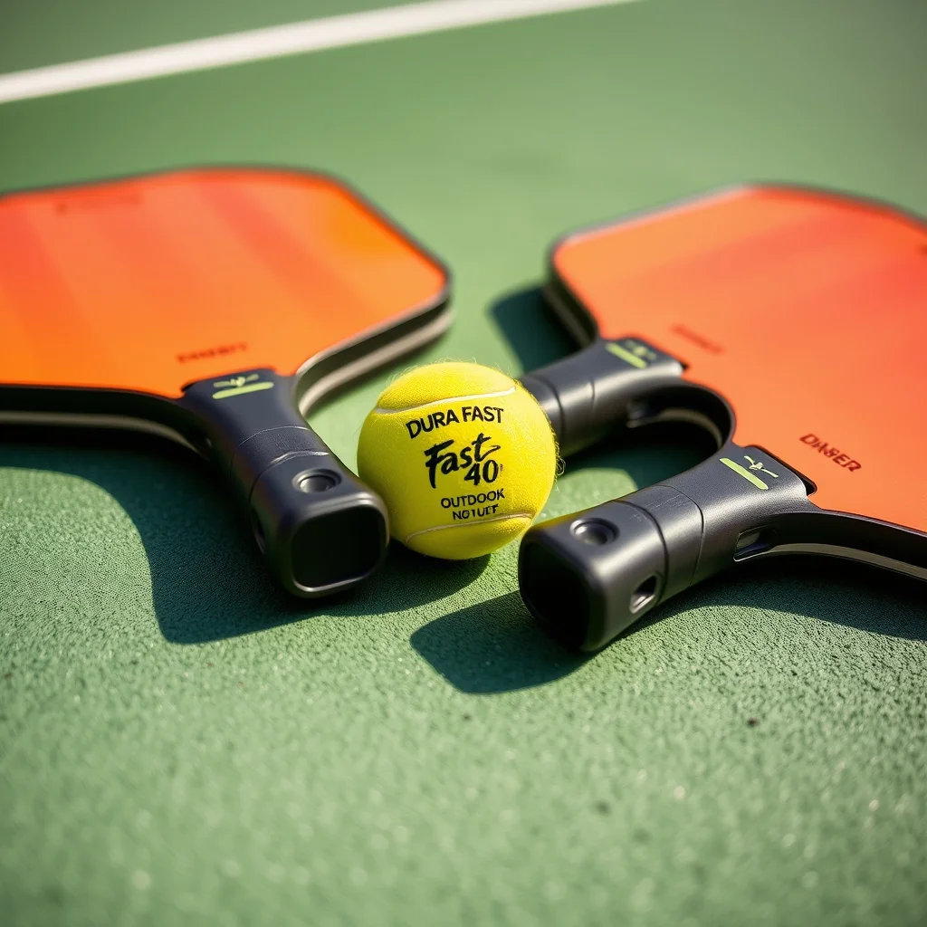 Pickleball paddles and yellow ball on an outdoor court surface