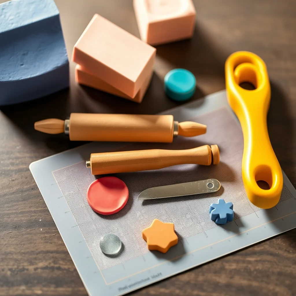 Polymer clay starter kit with clay blocks, roller, blade tool, silicone mat and baked example pieces