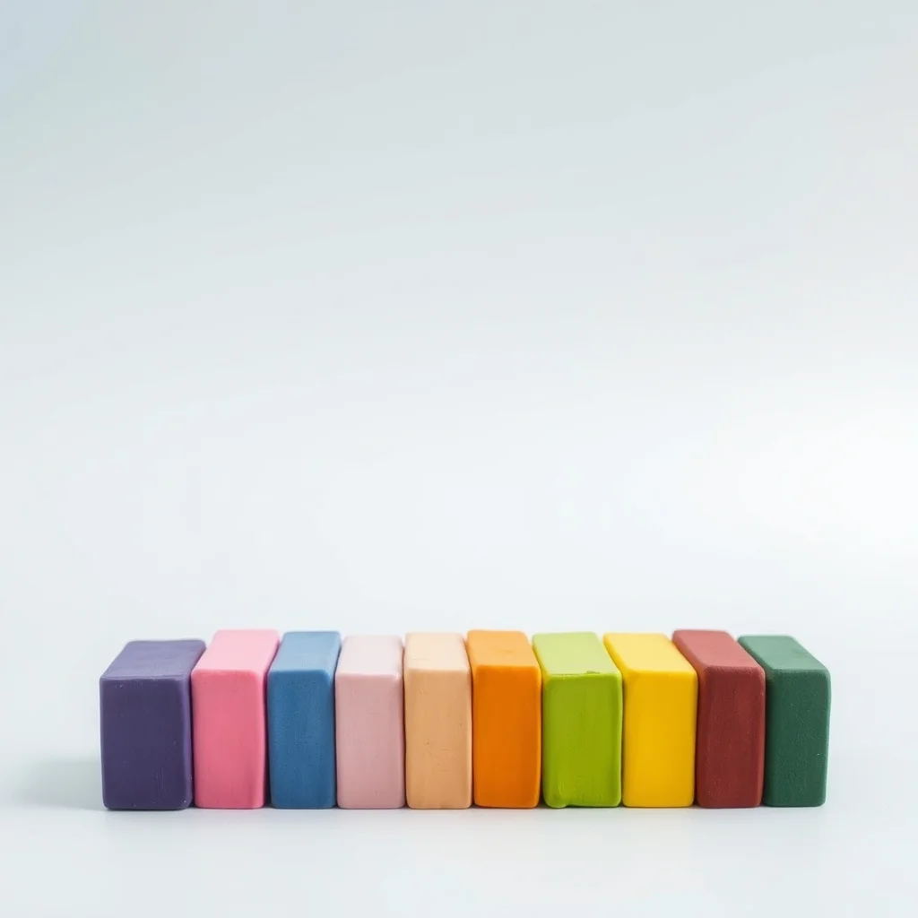 Colorful blocks of Sculpey and Fimo polymer clay arranged in rainbow order