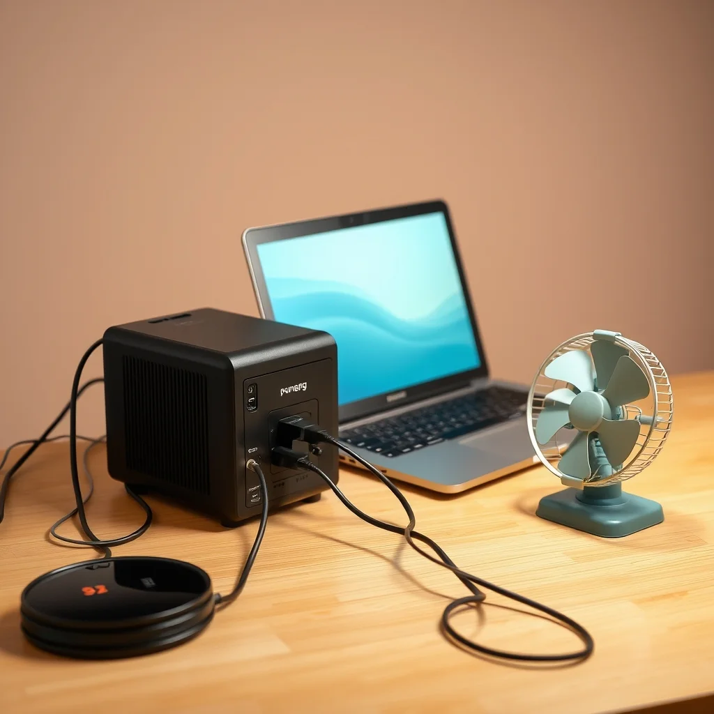 Portable power station with multiple output ports connected to laptop and fan, product photography on outdoor table