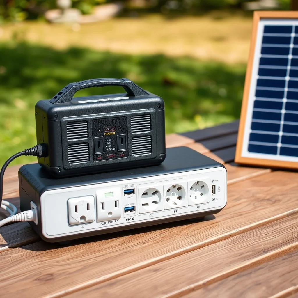 Portable power station with solar panel connected outdoors on table, product photography