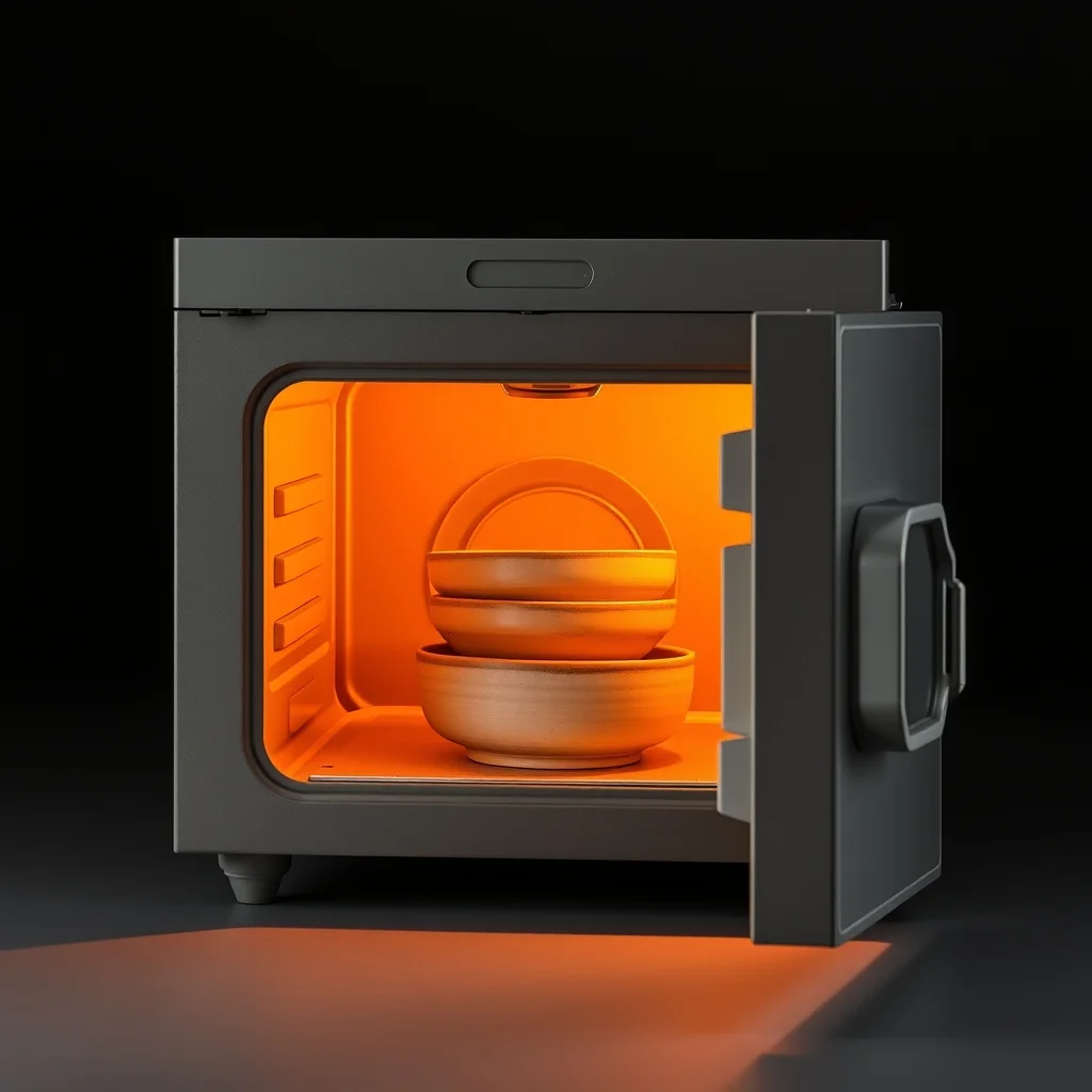 Front-loading electric pottery kiln with glowing orange interior and ceramic pieces inside