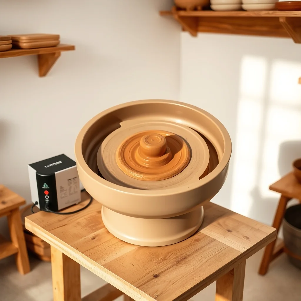 Electric pottery wheel on a studio worktable with terracotta splash pan