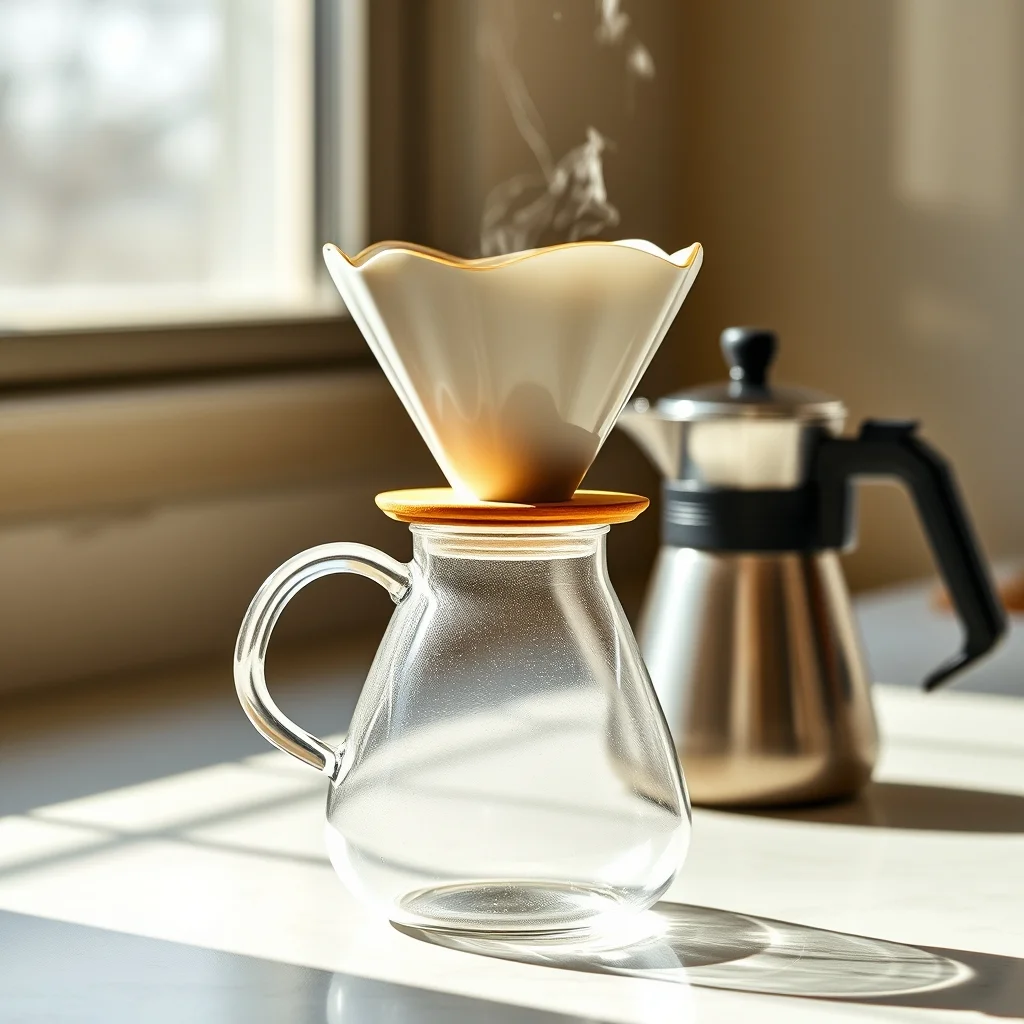 Pour-over coffee dripper on carafe with gooseneck kettle