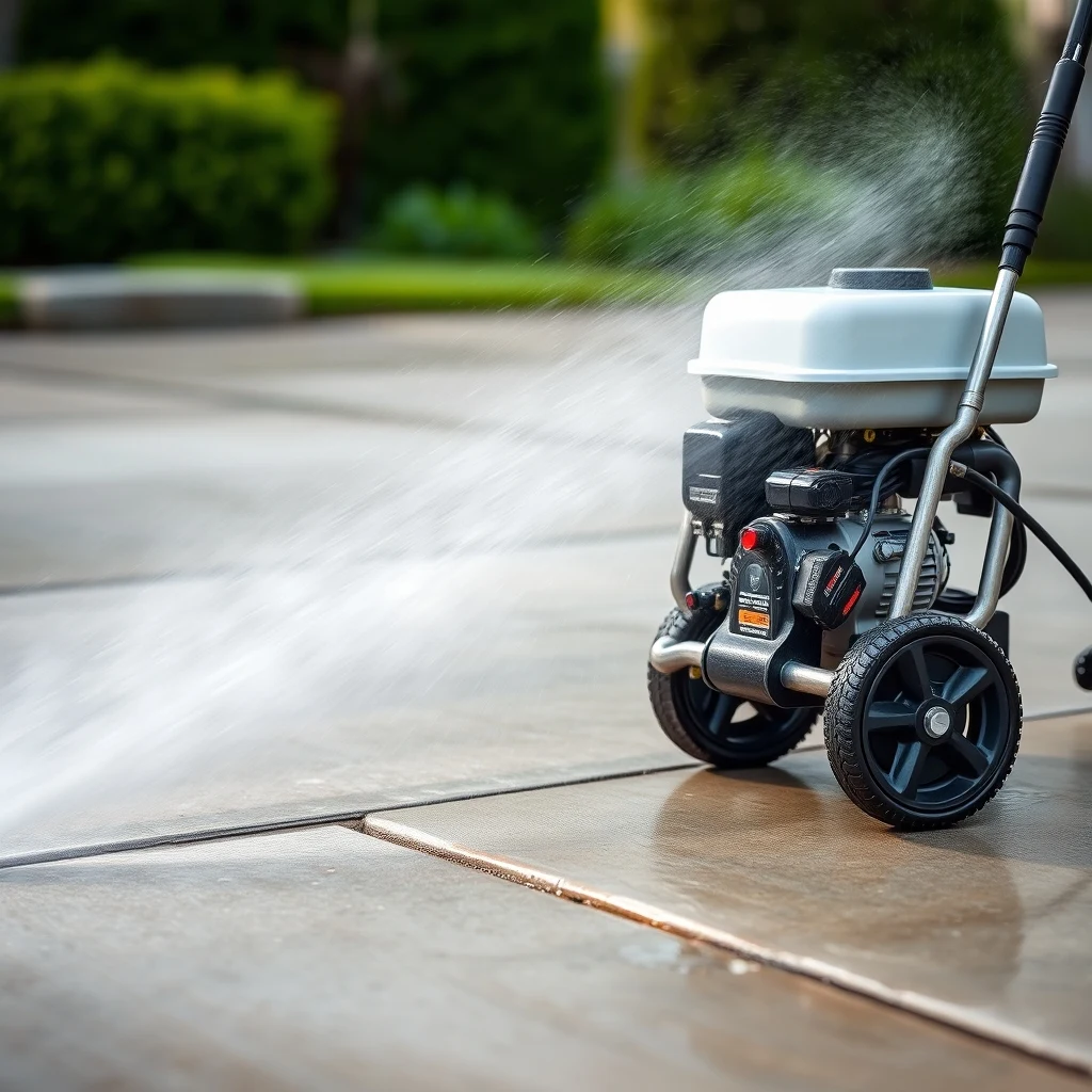 Gas pressure washer 3000 PSI cleaning a concrete driveway surface close-up